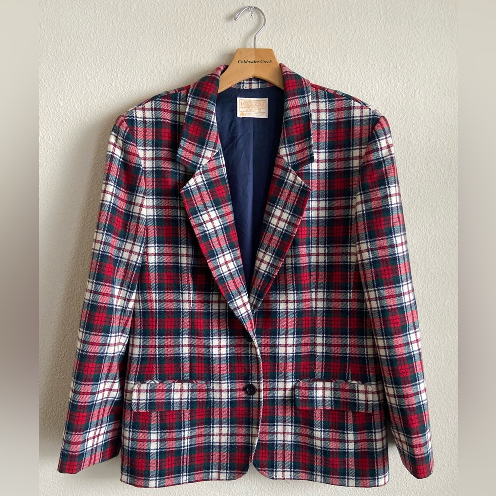 Vintage Pendleton Virgin Wool Blazer Womens Size 16 Red Blue Plaid Jacket Coat